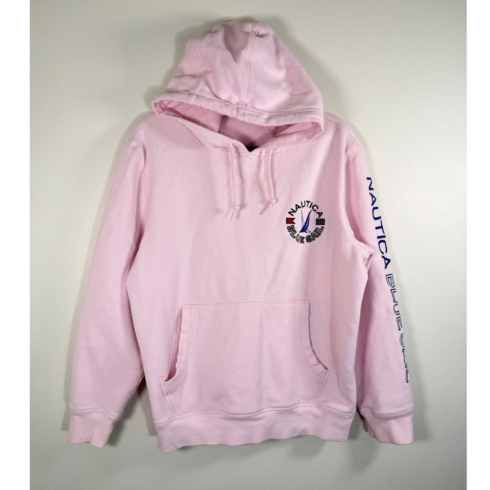Nautica Hoodie Women L Blue Sail Pink Graphic Sleeve Streetwear Casual Logo EUC